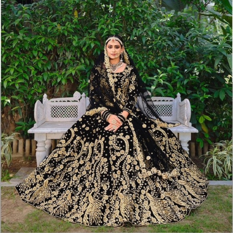 Premium Luxurious Designer Wedding Wear Black Velvet Lehenga Choli Semi Stitched Latest Design