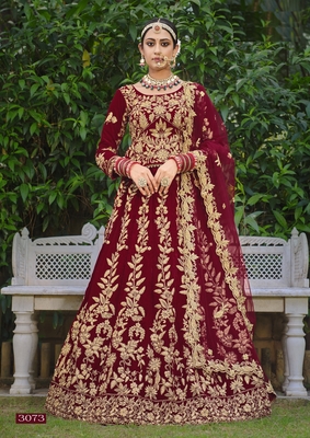 Premium Luxurious Wedding Wear Maroon Velvet Lehenga Choli Latest Design 1