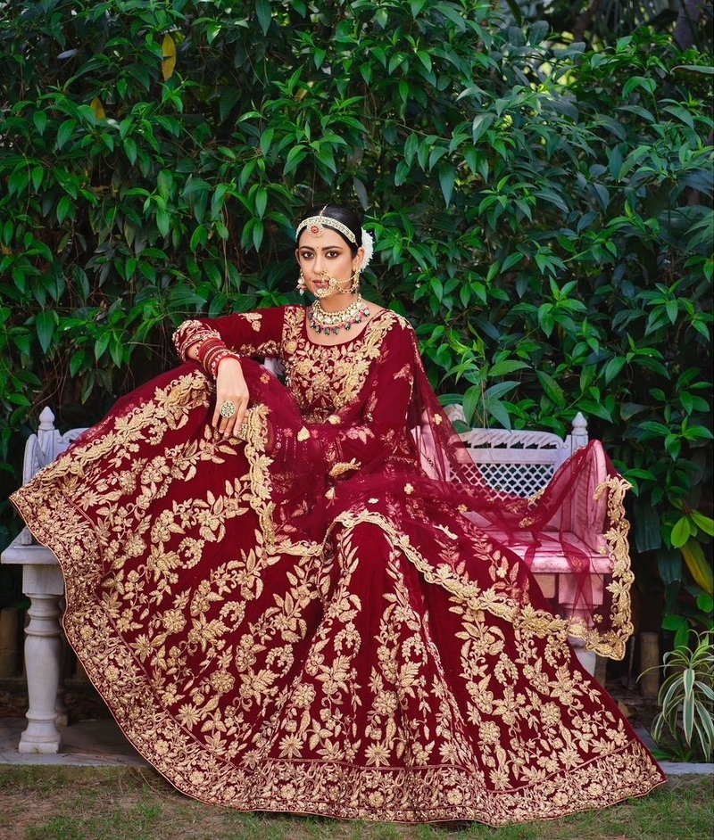 Premium Luxurious Wedding Wear Maroon Velvet Lehenga Choli Latest Design
