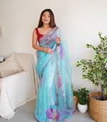 Girlish Organza Saree with Cut Work And Khatli Work In Sky Blue Colour