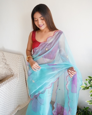 Girlish Organza Saree with Cut Work And Khatli Work In Sky Blue Colour 2