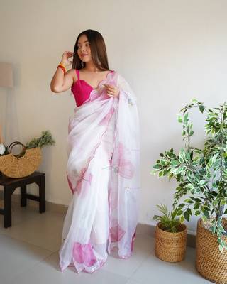 Girlish Organza Saree with Cut Work And Khatli Work In White Colour 1