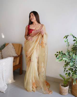 Girlish Organza Saree with Cut Work And Khatli Work In Brown Colour 1