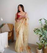 Girlish Organza Saree with Cut Work And Khatli Work In Brown Colour