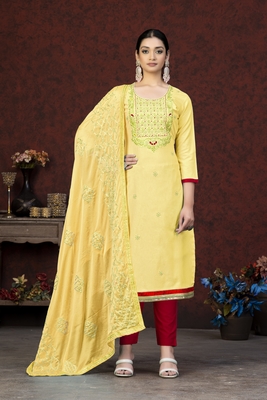 Yellow Colour Glass Cotton Salwaar Kameez With Beautiful embroidered Work 1