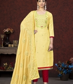 Yellow Colour Glass Cotton Salwaar Kameez With Beautiful embroidered Work