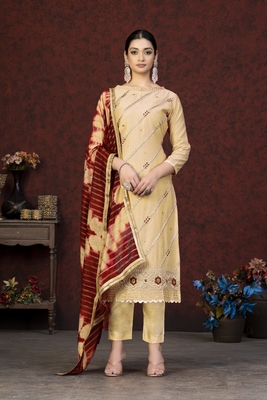 Embroidery Work With Saburi Printed Modal Chanderi Salwaar Kameez In Girlish Yellow Colour 1