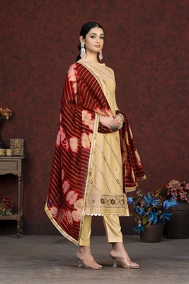 Embroidery Work With Saburi Printed Modal Chanderi Salwaar Kameez In Girlish Yellow Colour 3