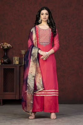 Embroidery Work With Woven Dupatta Modal Chanderi Salwaar Kameez In Girlish Gajri Colour 1