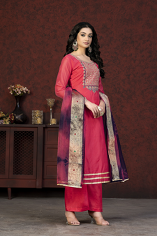 Embroidery Work With Woven Dupatta Modal Chanderi Salwaar Kameez In Girlish Gajri Colour
