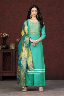 Embroidery Work With Woven Dupatta Designer Modal Chanderi Salwaar Kameez In Girlish Sea Green Colour