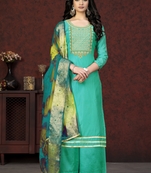 Embroidery Work With Woven Dupatta Modal Chanderi Salwaar Kameez In Girlish Sea Green Colour