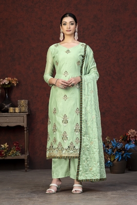 Pista Colour Modal Chanderi Salwaar Kameez With Embroidery And Hand Work 1