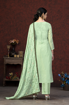 Pista Colour Modal Chanderi Salwaar Kameez With Embroidery And Hand Work