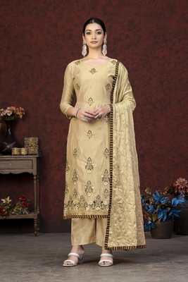 Beige Colour Modal Chanderi Salwaar Kameez With Embroidery And Hand Work 1