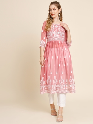Peach Colour Thread Embroidery Work Georgette Fabric Ethnic Readymade Kurti 1