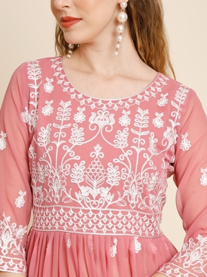 Peach Colour Thread Embroidery Work Georgette Fabric Ethnic Readymade Kurti 3