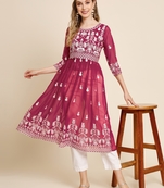 Pink Colour Thread Embroidery Work Georgette Fabric Ethnic Readymade Kurti