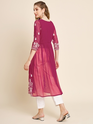 Pink Colour Thread Embroidery Work Georgette Fabric Ethnic Readymade Kurti 2