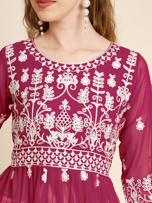 Pink Colour Thread Embroidery Work Georgette Fabric Ethnic Readymade Kurti 3