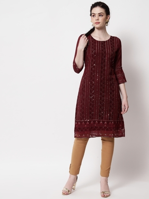 Maroon Colour Ethnic Sequins Work Party Wear Kurti In Bollywood style 1