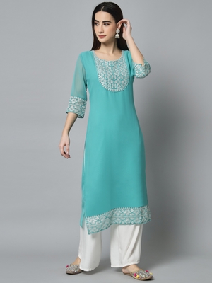 Sky Blue Colour Georgette Fabric Office Kurti With Embroidery Work 1