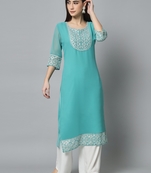 Sky Blue Colour Georgette Fabric Office Kurti With Embroidery Work