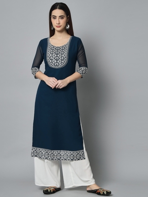 Nevy Blue Colour Georgette Fabric Office Kurti With Embroidery Work 1