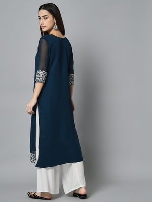 Nevy Blue Colour Georgette Fabric Office Kurti With Embroidery Work 2