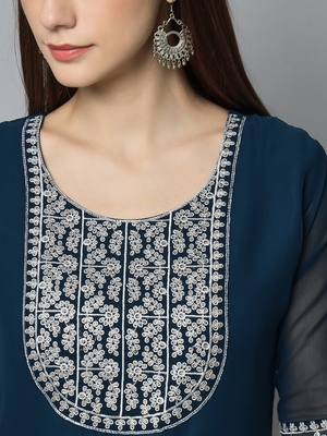 Nevy Blue Colour Georgette Fabric Office Kurti With Embroidery Work 3