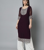 Wine Colour Georgette Fabric Office Kurti With Embroidery Work