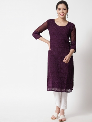 Wine Colour Designer Lukhnowi Work Ethnic Kurti for Rich Classy Looks 1