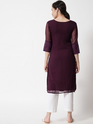 Wine Colour Designer Lukhnowi Work Ethnic Kurti for Rich Classy Looks 2