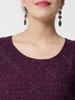 Wine Colour Designer Lukhnowi Work Ethnic Kurti for Rich Classy Looks 3