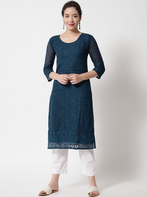 Teal Blue Colour Designer Lukhnowi Work Ethnic Kurti for Rich Classy Looks 1