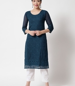 Teal Blue Colour Designer Lukhnowi Work Ethnic Kurti for Rich Classy Looks