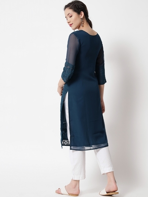 Teal Blue Colour Designer Lukhnowi Work Ethnic Kurti for Rich Classy Looks 2