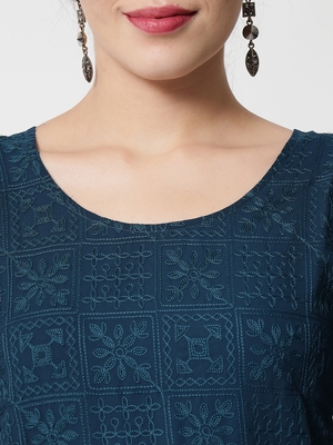Teal Blue Colour Designer Lukhnowi Work Ethnic Kurti for Rich Classy Looks 3