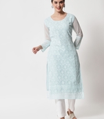 Sky Blue Colour Designer Lukhnowi Work Ethnic Kurti for Rich Classy Looks