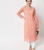 Peach Colour Designer Lukhnowi Work Ethnic Kurti for Rich Classy Looks