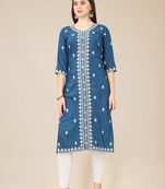 Blue Colour Beautifully Embroidered Partywear Kurti