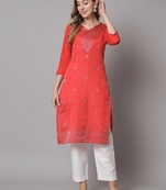 Designer woven Work Cotton Silk Gajri Colour Partywear Kurti