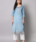 Designer woven Work Cotton Silk Sky Blue Colour Partywear Kurti