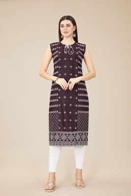 Cotton Wine Colour Thread Work Kurti For Cool Summer Casual Wear 1