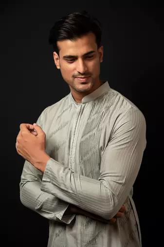Frost Blue Panel Pintuck Kurta Set