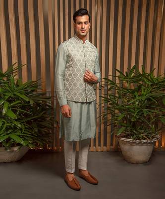 Granite Green Pearl Embroidered Bandi With Kurta Set 1
