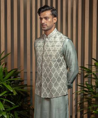 Granite Green Pearl Embroidered Bandi With Kurta Set 2