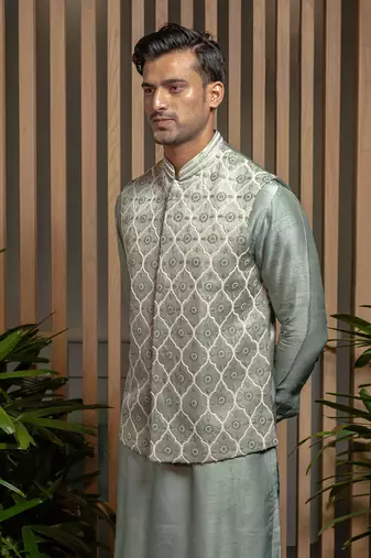 Granite Green Pearl Embroidered Bandi With Kurta Set