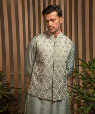 Granite Green Pearl Embroidered Bandi With Kurta Set 3