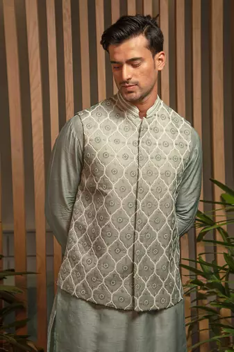 Granite Green Pearl Embroidered Bandi With Kurta Set
